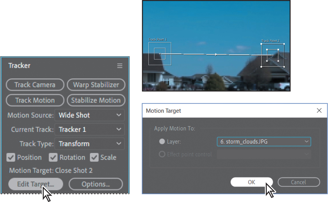 Three windows show a tracker panel, composition window, and the motion target panel.