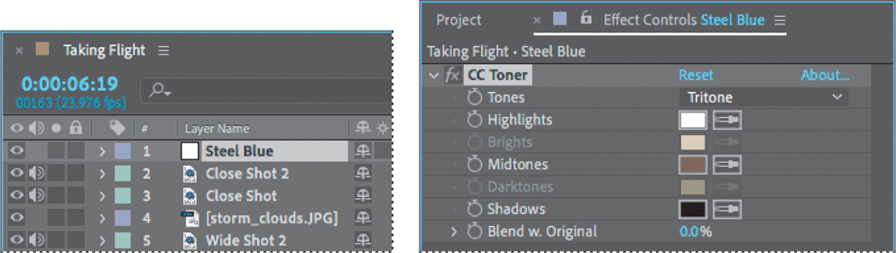 A timeline panel and an effect controls panel are shown.