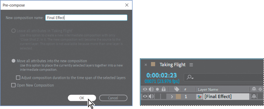 A pre - compose dialog box and a taking flight timeline panel is shown.