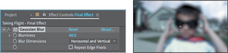 An effect controls panel of the final effect layer and a composition window is shown.