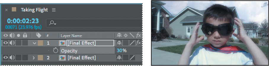 A timeline panel and a composition window are shown. In the Timeline panel, below the final effect layer on top, the opacity property is set to 30 percent. The composition window reflects the settings in the clip.