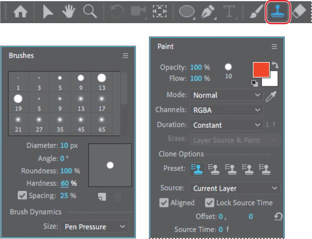 Three screenshots show a toolbar, brushes panel, and a paint panel.