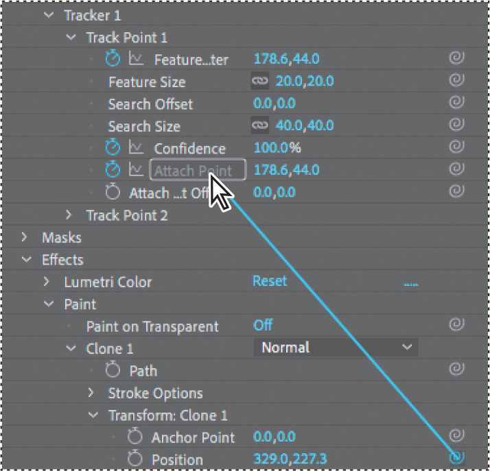 A screenshot shows the expanded view of tracker 1, and effects property.