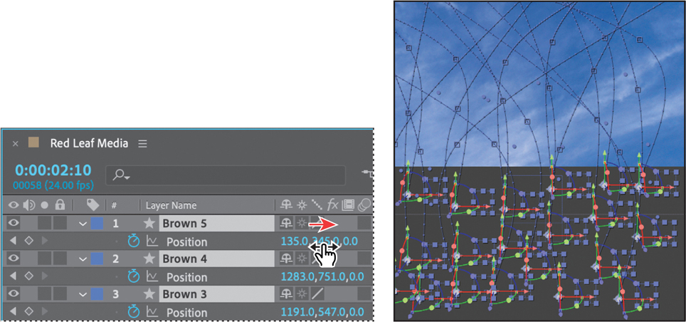 A timeline panel and a composition window are shown.