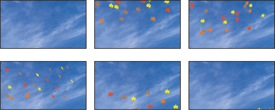 A set of 6 composition windows show a preview of the animation of the clip with a large maple leaf placed at the bottom left corner of the frame and the small leaves flying in from above and below the large maple leaf.