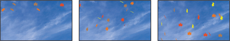 Three composition windows reflect the animation applied to the clip. The small maple leaves are animated with the swirl effect. The color of the leaves is yellow, orange, and brown.