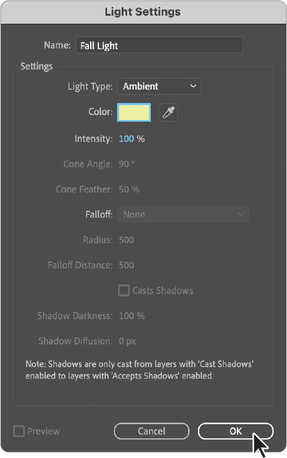 A light settings panel highlights the properties of light type, color, and intensity.