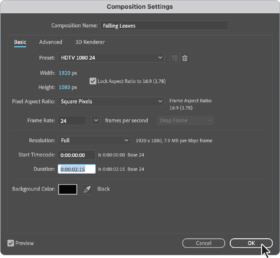 A screenshot of the Composition Settings dialog box with the Basic tab selected.