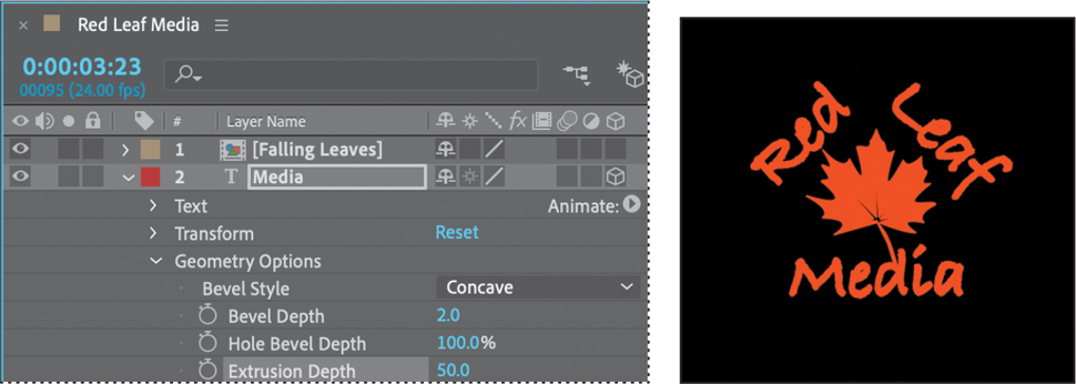 Two screenshots depict extruding text and shapes in After Effects.