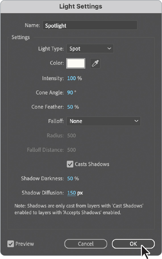 A screenshot of the Light Settings dialog box.