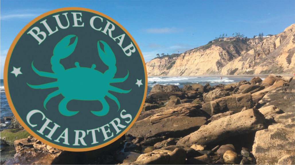 A photograph shows a close-up view of rocks near the seashore with the Blue Crab Charters logo overlapping on the left.