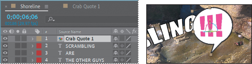 A screenshot of the Timeline panel shows the layers of a composition named, Shoreline.