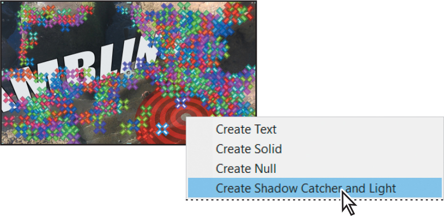 A screenshot of the Composition panel shows a photo with several tracking points and a red target. A menu overlapping the panel shows the option, Create Shadow Catcher and Light selected.