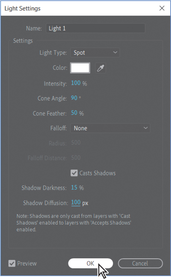 A screenshot of the Light Settings dialog box.