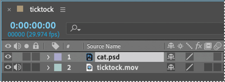 A screenshot shows a panel titled, ticktock. It shows the settings for two sources. The first and the second source names read, ticktock dot m o v and cat dot p s d. The stopwatch timer shows as 0:00:00:00.