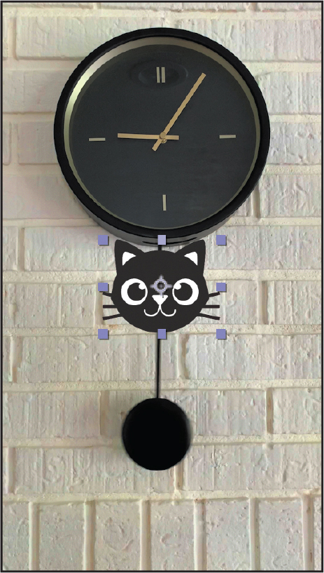 A photograph shows a striking wall clock. A round-shaped pendulum is hanging below the clock. An illustration of the face of a cat is placed on the screen.