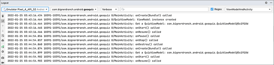 MainActivity is destroyed and re-created; QuizViewModel persists