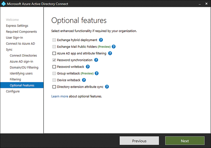 A screenshot shows the Azure Active Directory Connect tool’s optional features.
