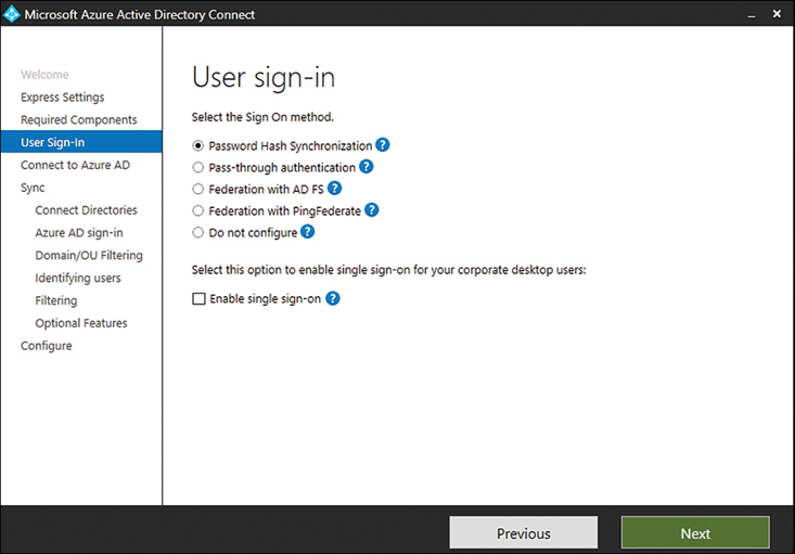 This screenshot shows the User Sign-In options page of the Azure AD Connect setup wizard.