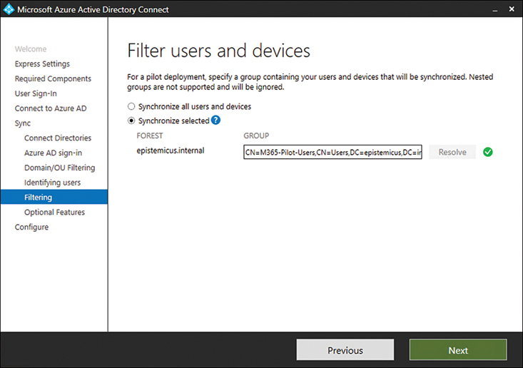 This screen shot shows the Filter Users And Devices page of the Azure AD Connect setup wizard.