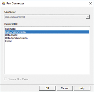 This screen shot shows the Run Connector with the Full Synchronization option selected.