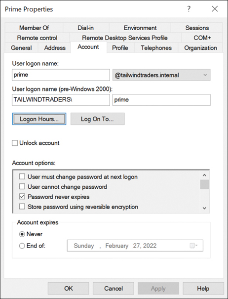 A screenshot shows how an individual account is configured so that the password does not expire.