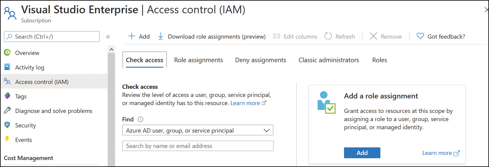 This screenshot shows the Access control (IAM) node selected for a specific subscription.