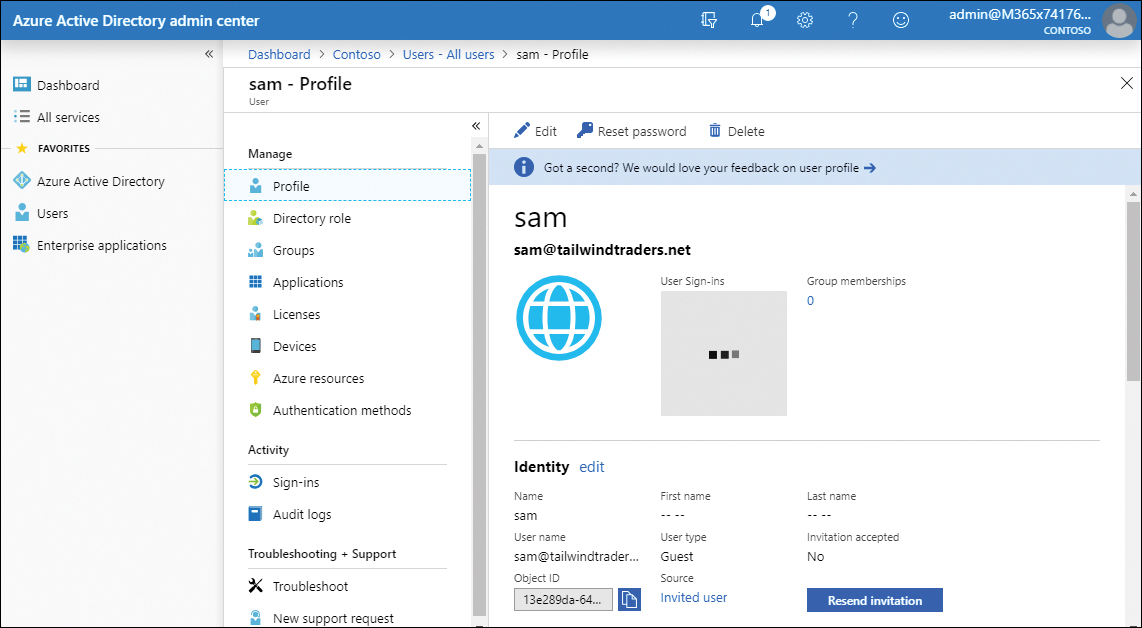 This is a screenshot showing the properties of an invited user, which displays the user type as Guest in the Azure AD admin center.