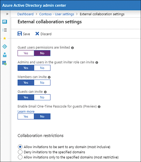 This screenshot shows the external collaboration settings for users within the Azure AD tenancy.