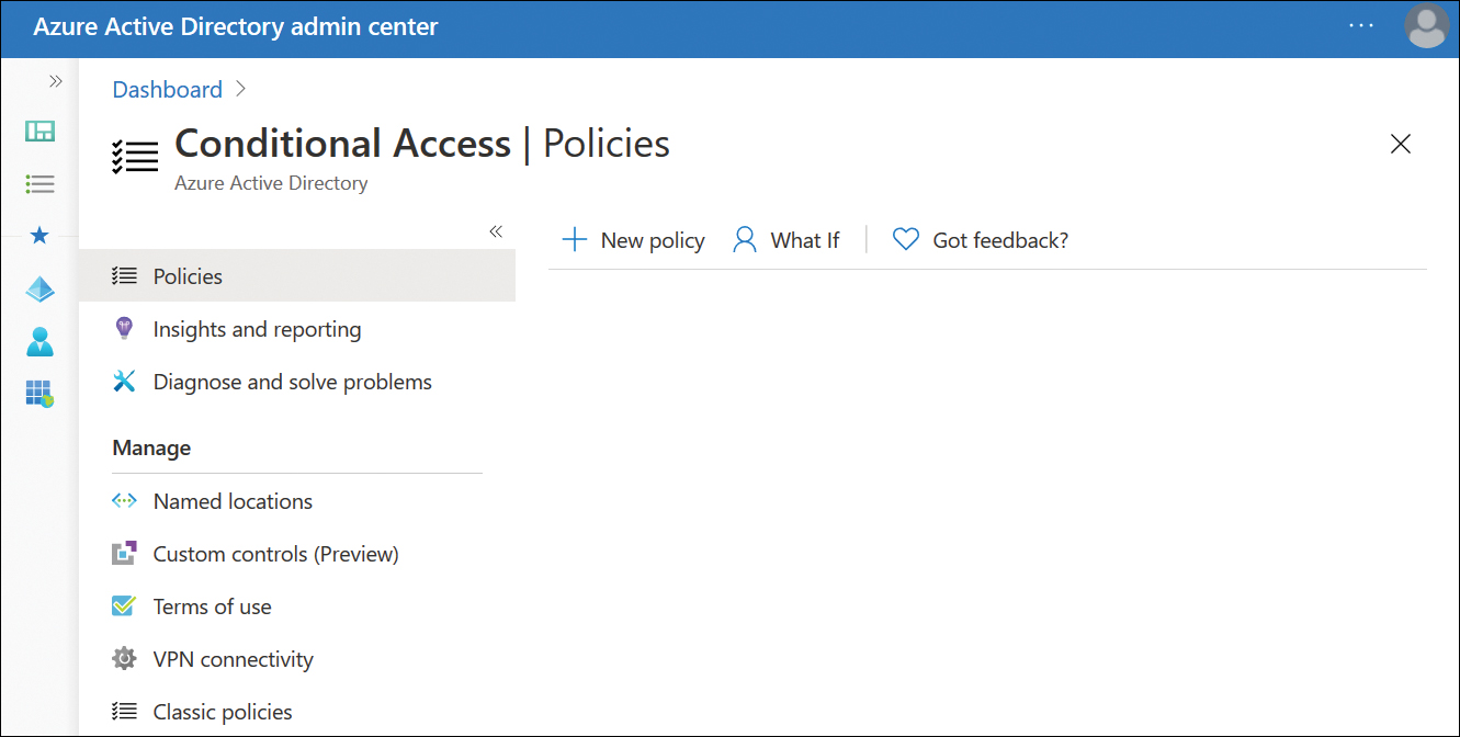 This screenshot shows the Conditional Access Policies page in Azure Active Directory admin center.