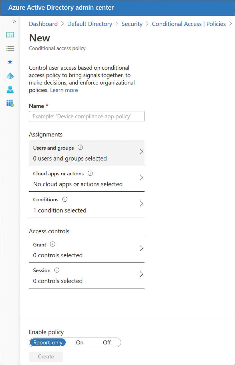 This screenshot shows the New Conditional Access Policy page. No options have been selected.