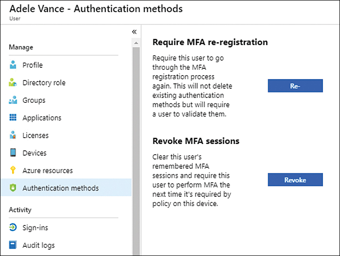 This screenshot shows the authentication methods available for user Adele Vance in the Azure AD admin center.