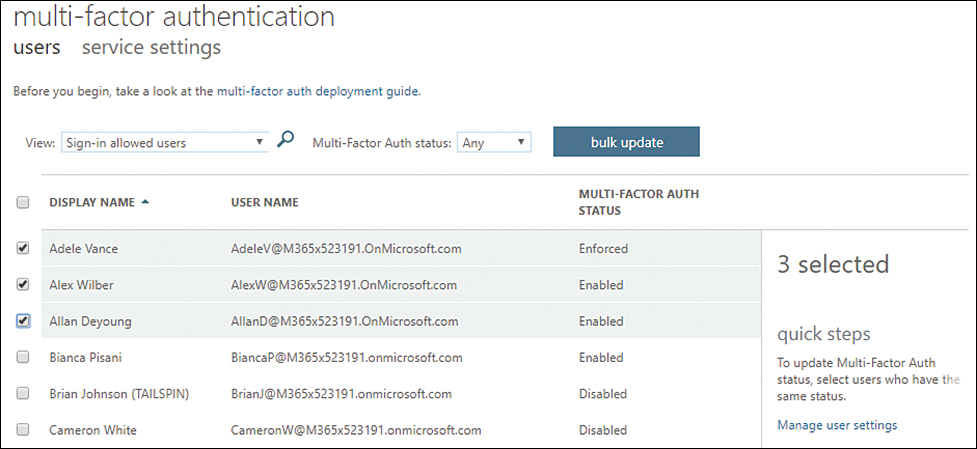 This screenshot shows multiple users selected on the Multi-Factor Authentication page.