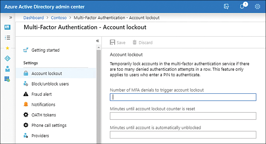 This screenshot shows the Multi-Factor Authentication [nd] Account Lockout settings blade in Azure AD admin center.