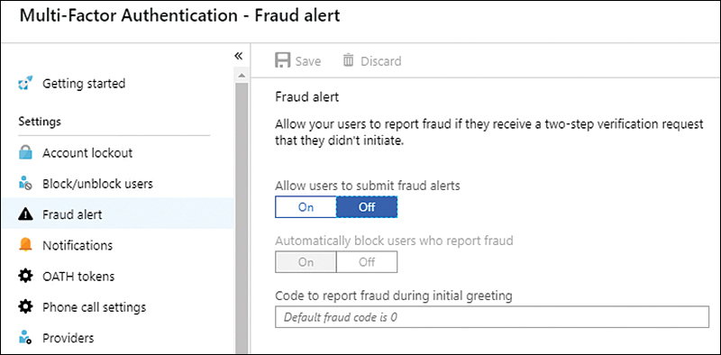 This screenshot shows the Fraud Alert settings for multifactor authentication in Azure AD admin center.