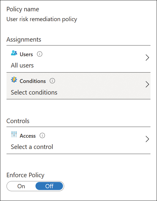 This screenshot shows a user risk remediation policy with no policy options configured.