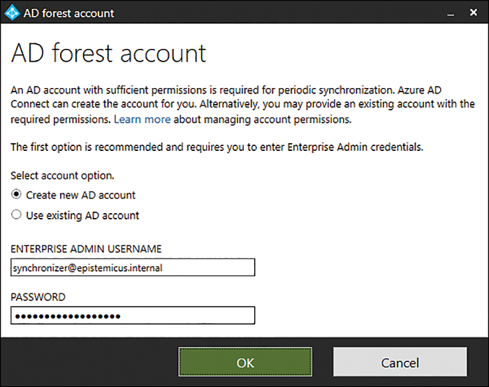 This screenshot shows the AD Forest Account page of the Azure AD Connect setup wizard.