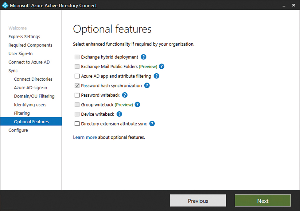 This screenshot shows the Optional Features page of the Azure AD Connect setup wizard.