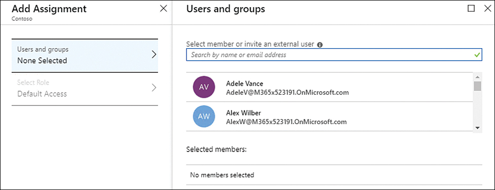 This screenshot shows the Add Assignment pane on the left and the Users And Groups pane on the right, where two users are shown.