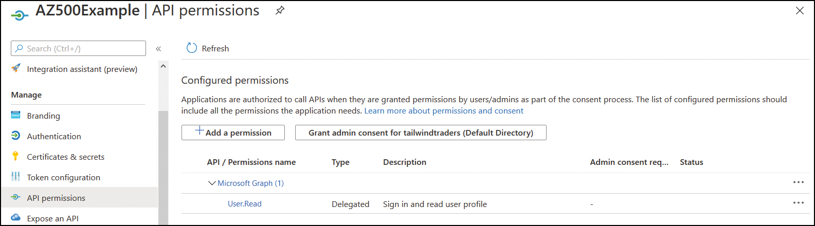 This screenshot shows the API Permissions page, where Add A Permission and Grant Admin Consent options are available.