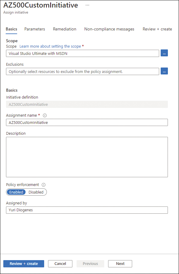 This is a screenshot showing configuration options when assigning a custom policy initiative to Azure Security Center. The screenshot shows the basic settings, including Scope, Exclusions, Assignment Name, Description, Policy Enforcement (Enabled or Disabled), and Assigned By settings.