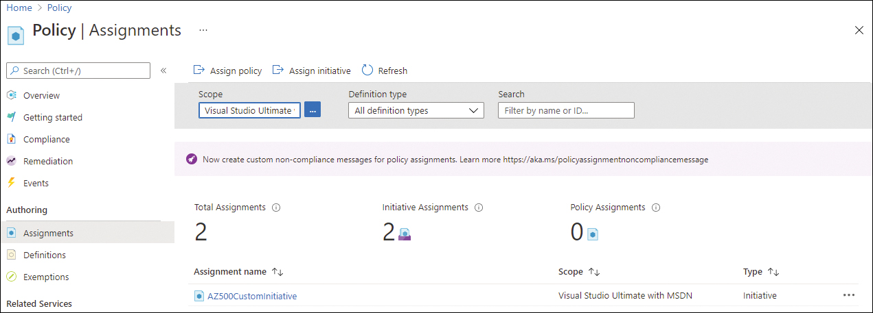 This is a screenshot of the Azure Policy Assignments page, which shows the current assignments and their scope.
