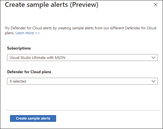 This is a screenshot of the Create Sample Alerts blade, which shows two drop-down menus: Subscriptions and Defender Plans. Visual Studio Ultimate with MSDN has been selected from the Subscriptions drop-down, and 9 Selected has been chosen from the Defender Plans drop-down menu.