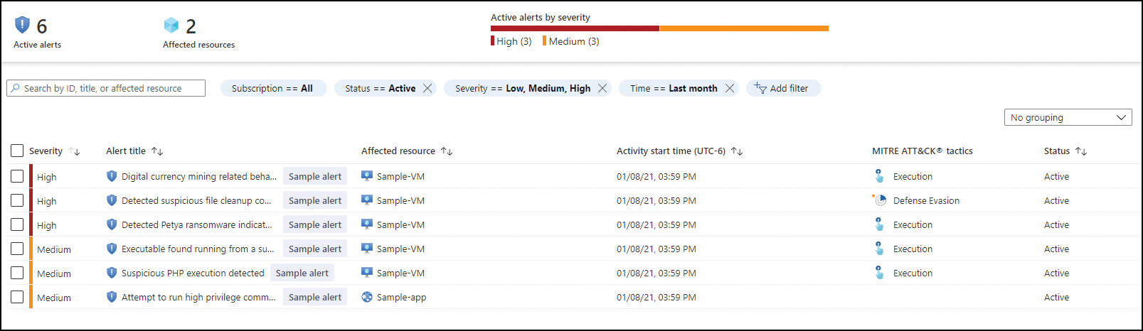 This is a screenshot of the Security Alert dashboard with the six sample alerts for generated VMs.