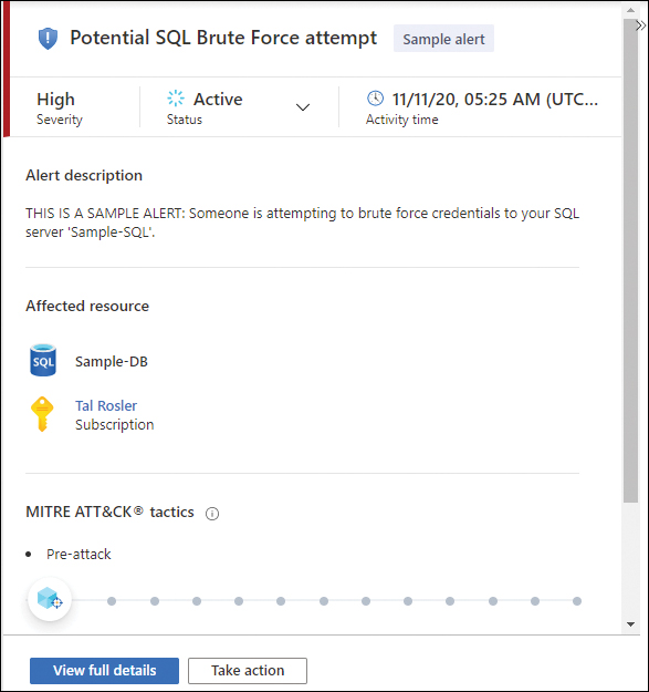 This is a screenshot of a sample alert for Defender for SQL, called Potential SQL Brute Force attempt.