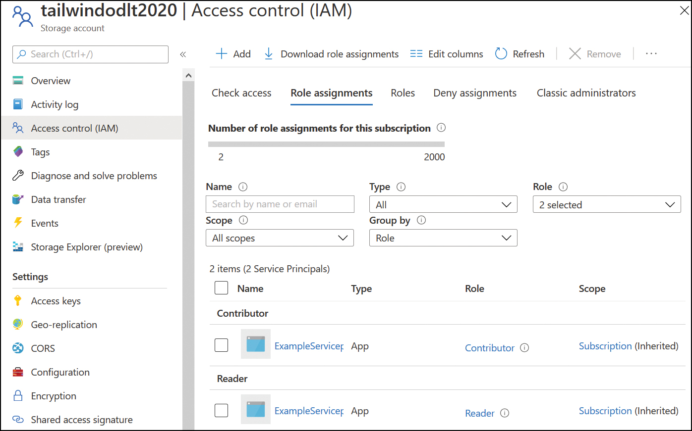 This screenshot shows a storage account's Access Control (IAM) Role Assignments page.
