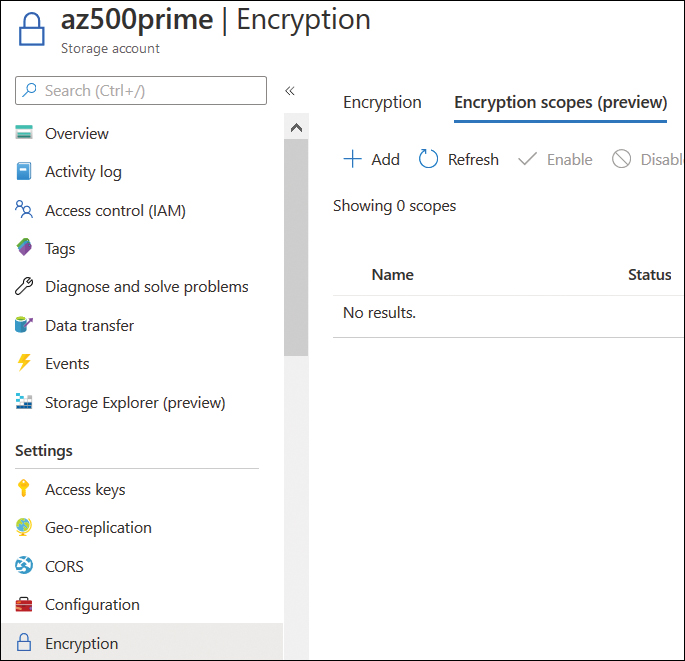 This figure shows the Encryption Scopes page of the Encryption section of a storage account's properties.