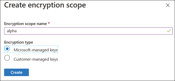 This figure shows the Creation Scope page, where an encryption scope named Alpha that uses Microsoft-Managed Keys is being created.