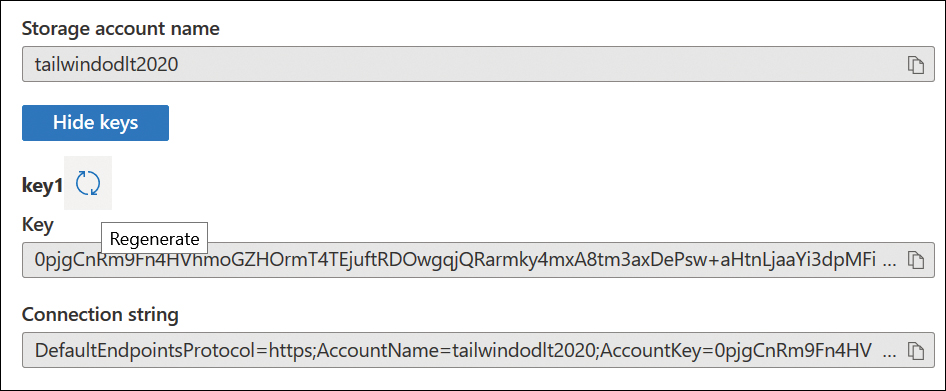 This figure shows the regenerate storage account key icon next to the key1 key in storage account tailwindodlt2020. The regenerate icon appears as a pair of curved arrows.