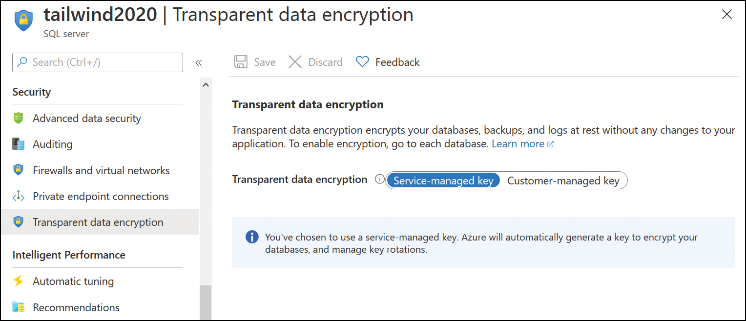 This screenshot shows the Transparent Data Encryption page of an Azure SQL instance with the Transparent Data Encryption key set to Service-Managed Key.